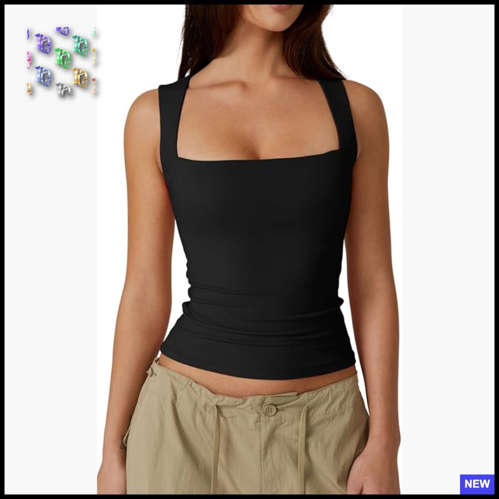 Square Neck Sleeveless Double Layer Tank Top Minimal Chic Form Fitting Basic